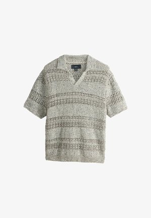 Lühikeste varrukatega halli värvi kampsun V-kaelusega ja tekstuurse triibulise mustriga, suurus keskmine, tasapinnal valgel taustal.