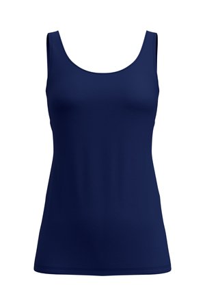 Navyblaues Tanktop, aus glattem Stoff, mit einem runden Ausschnitt und breiten Trägern. Enger Schnitt mit geradem Saum.