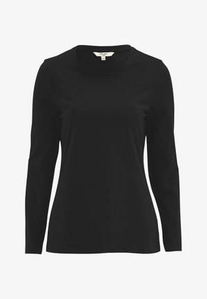 Langarm zwart T-shirt van zachte katoen, met een klassieke ronde halslijn en een gladde, gelijkmatige textuur. Geen zichtbare patronen of accenten.