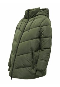 Giubbotto puffa verde con cappuccio, caratterizzato da un design trapuntato, chiusura con zip frontale e tasche laterali. Texture liscia e polsini elasticizzati.