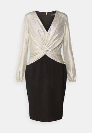 Langärmeliges Kleid mit metallic-silbernem, verdrehtem Oberteil und schwarzem Bleistiftrock, mit V-Ausschnitt und Reißverschluss hinten.