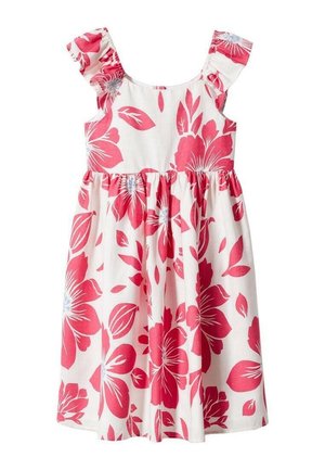 Robe florale blanche ornée de fleurs roses et bleues vives. Présente des bretelles volantées et une taille froncée pour une silhouette évasée.