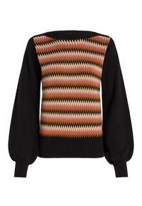 Pull noir avec un motif géométrique de losanges multicolores en orange, rose et crème sur la moitié supérieure. Manches longues et bouffantes.