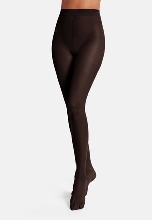 Bruna ogenomskinliga strumpbyxor med en slät yta, hög midja och utan fötter. Materialet verkar elastiskt och figurnära.