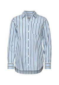 Light blue long-sleeve shirt with vertical stripes in varying shades of blue. Features a button-up front and a single chest pocket.