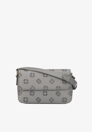 Gray leather crossbody bag with black geometric and floral patterns, adjustable strap, and front flap closure.