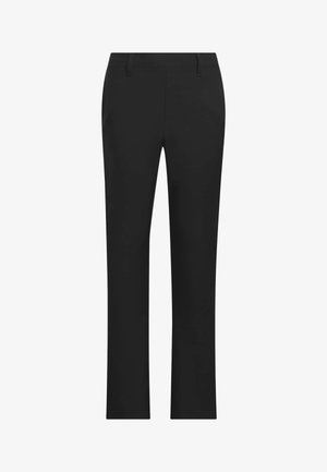 Pantalones de vestir negros entallados con trabillas para cinturón, piernas rectas y diseño de frente plano.