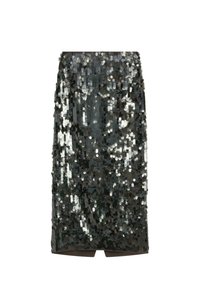 Black knee-length pencil skirt covered in reflective black and silver sequins with a back slit.