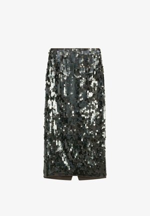 Black knee-length pencil skirt covered in reflective black and silver sequins with a back slit.