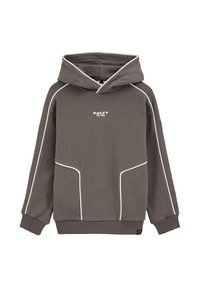 Hanorac maro cu glugă, având margini albe de-a lungul cusăturilor și un logo în față. Fabricat dintr-un material moale și texturat.