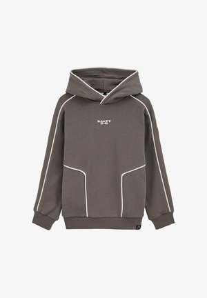 Felpa marrone con cappuccio, con piping bianco lungo le cuciture e un logo frontale. Realizzata in materiale morbido e testurizzato.