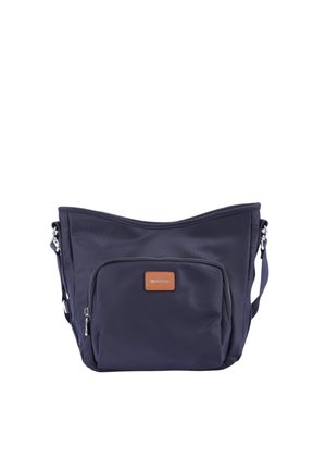 Sac d’épaule bleu marine avec poche zippée à l’avant et étiquette marron, doté d’une sangle réglable et de détails de fermeture éclair argentés.