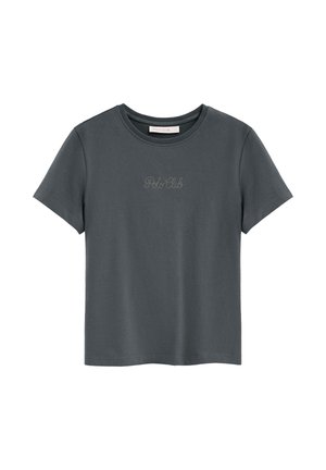 Dunkelgraues T-Shirt mit kurzen Ärmeln und Rundhalsausschnitt, mit "Polo Club" in kleiner Schreibschrift auf der Brust gestickt.