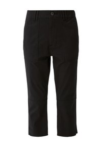 Pantaloni neri cropped con tasche applicate frontali, passanti per cintura e chiusura con bottone in vita, presentati su uno sfondo bianco.