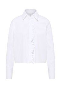 Blusa di cotone bianco con davanti arricciato, maniche lunghe e colletto classico. Presenta un design corto e una texture liscia.