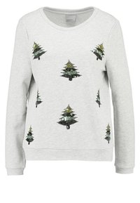 Sudadera gris con árboles verdes bordados con lentejuelas de varios tamaños dispuestos en la parte frontal. Puños y cuello de canalé.