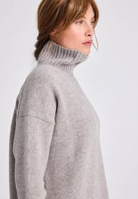 Svijetlo siva turtleneck sportska majica s rebrastim ovratnikom i mekanom pletivom. Ima opuštenu siluetu s spuštenim ramenima.