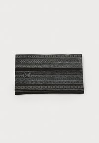 Buff Halswärmer mit einem strukturierten schwarz-grauen Muster, das geometrische Designs aufweist. Weicher, dehnbarer Stoff. Rundes Logo an der Seite aufgedruckt.