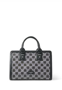 Borsa a sacco a scacchi nera e grigia con motivo a rose, in materiale di pelle, con doppi manici superiori e prominenti dettagli in metallo argentato.