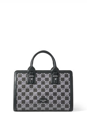 Borsa a sacco a scacchi nera e grigia con motivo a rose, in materiale di pelle, con doppi manici superiori e prominenti dettagli in metallo argentato.