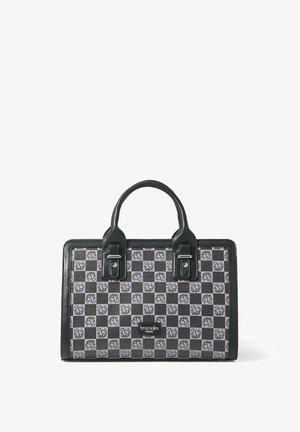 Zwart en grijs geblokte handtas met rozenpatroon, van leer, met dubbele boven handvatten en opvallende zilveren hardware accenten.