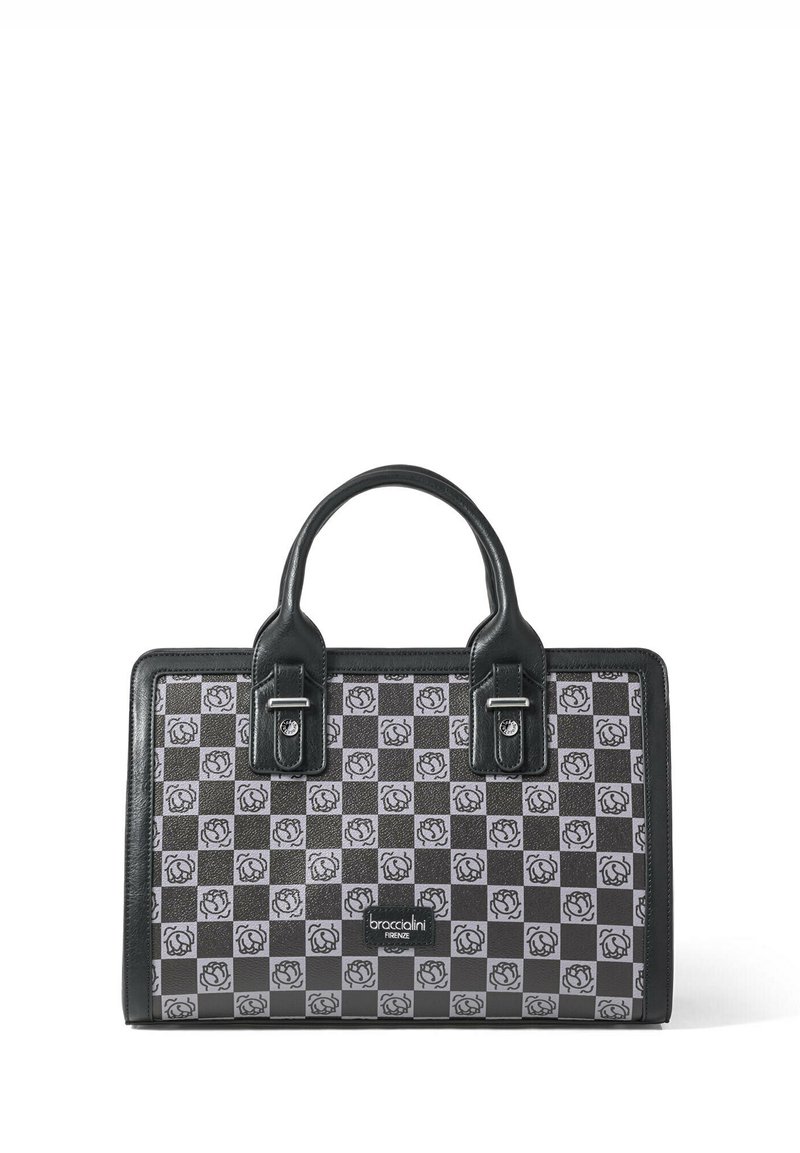 Borsa a sacco a scacchi nera e grigia con motivo a rose, in materiale di pelle, con doppi manici superiori e prominenti dettagli in metallo argentato.