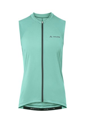 Maglia da ciclismo senza maniche di colore turchese chiaro con cerniera frontale e logo Vaude sul petto, con tessuto traforato e traspirante sulle spalle.
