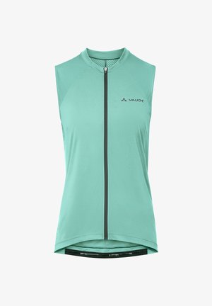 Maglia da ciclismo senza maniche di colore turchese chiaro con cerniera frontale e logo Vaude sul petto, con tessuto traforato e traspirante sulle spalle.