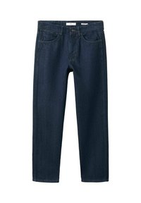 Dark blue denim jeans with a straight fit, five-pocket design, visible stitching, and a button closure at the waist.