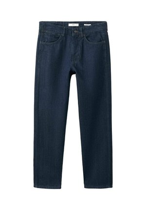 Granatowe dżinsy z denimu o prostym kroju, z pięcioma kieszeniami, widocznymi szwami i zapięciem na guzik w pasie.