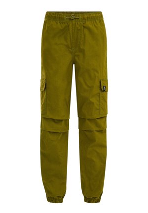 Olivgrüne Cargohose mit elastischem Bund und Bündchen, seitlichen Taschen mit Klappen und Reißverschlussabschnitten an den Knien für wandelbare Shorts.