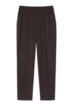 Pantaloni marroni con vita elasticizzata e tasche laterali, caratterizzati da una vestibilità dritta e una texture liscia, progettati per comfort e facilità di utilizzo.