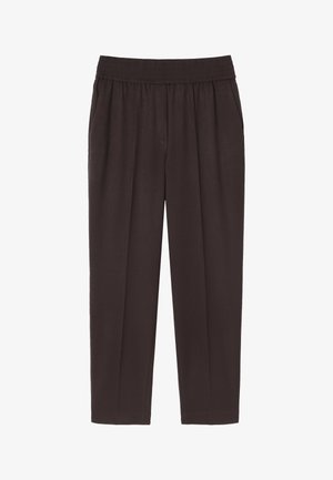 Brown, elasticated waist trousers with side pockets, featuring a straight cut and smooth texture, designed for comfort and ease of wear.