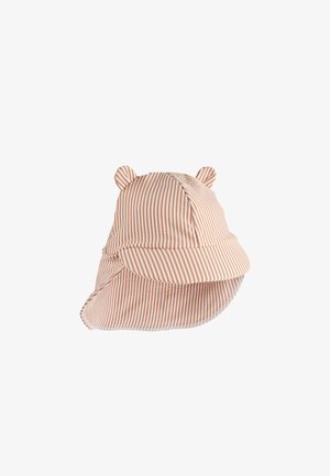 Stripete bøttehatt i lys oransje og kremfarge, med bjørneører og bred brem. Mykt stoff med en formet struktur.