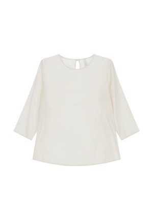 Blusa bianca con scollatura rotonda, maniche tre quarti e dettaglio a fessura sulla schiena. Tessuto morbido con una vestibilità regolare.