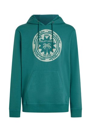 Felpa con cappuccio color teal in tessuto morbido, con una tasca frontale e cappuccio con coulisse. Presenta una grafica circolare con palme e testo.