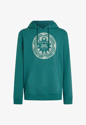 Felpa con cappuccio color teal in tessuto morbido, con una tasca frontale e cappuccio con coulisse. Presenta una grafica circolare con palme e testo.