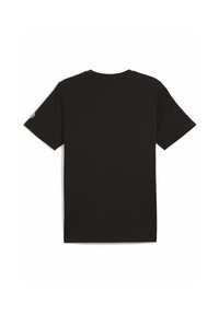 Camiseta negra de algodón, con mangas cortas y cuello redondo. Textura suave sin patrones ni acentos visibles.