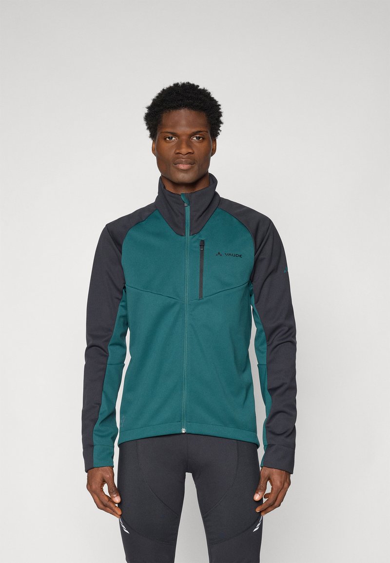 Türkisfarbene und schwarze Zip-Jacke mit langen Ärmeln, hohem Kragen und einer Brusttasche. Aus weichem Material gefertigt, mit glatter Textur und schlankem Design.