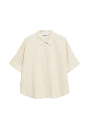 Beige Kurzarmhemd mit Knopfleiste, spitzem Kragen, entspannter Passform und leichtem Stoff.
