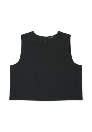 Top nero senza maniche corto con scollo rotondo e piccola chiusura con bottone sul retro, taglia piccola.
