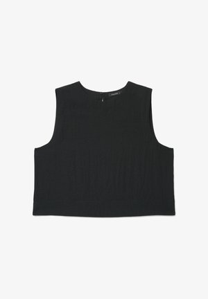 Top nero senza maniche corto con scollo rotondo e piccola chiusura con bottone sul retro, taglia piccola.