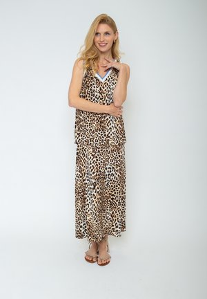 Ärmeloses Kleid mit Leopardenmuster und gestuftem Design, leichtem Stoff, V-Ausschnitt und passendem knöchellangen Rock. Verfügt über eine lockere Passform und weiche Textur.