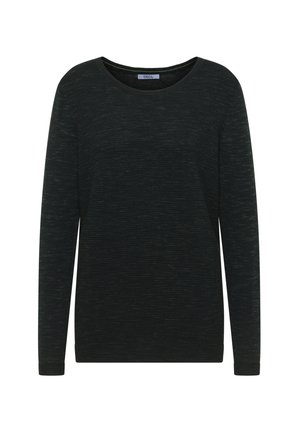 Långärmad topp i mörkgrön, med ett subtilt strukturerat mönster, rund halsringning och avslappnad passform. Mjukt material med en lätt känsla.