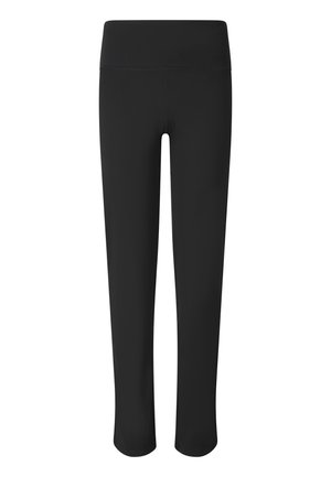 Sorte leggings med høj talje, bred taljebånd, lige ben og glat, strækbart stof vist på hvid baggrund.