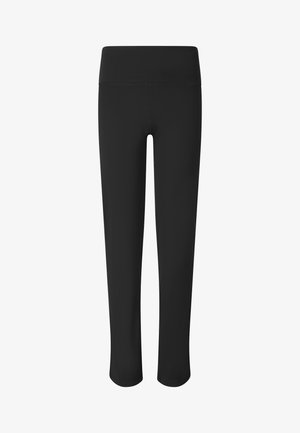 Sorte leggings med høj talje, bred taljebånd, lige ben og glat, strækbart stof vist på hvid baggrund.