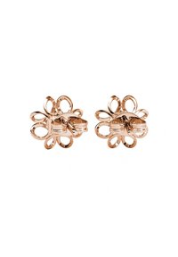 Roségoldene blumenförmige Ohrringe mit geschlungenen Blütenblättern, die über ein poliertes Finish und eine sichere Befestigung verfügen. Das Design betont filigrane Metallarbeiten.