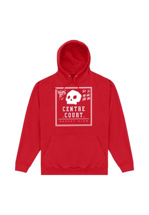 Rød hættetrøje med frontlomme, hvid kraniegrafik, afkrydsningsmærker og teksten "Centre Court Racket Club" i en firkantet ramme på brystet.