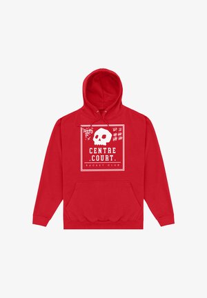 Sweat à capuche rouge avec poche avant, graphique de crâne blanc, marques de comptage, et texte "Centre Court Racket Club" dans un cadre carré sur la poitrine.