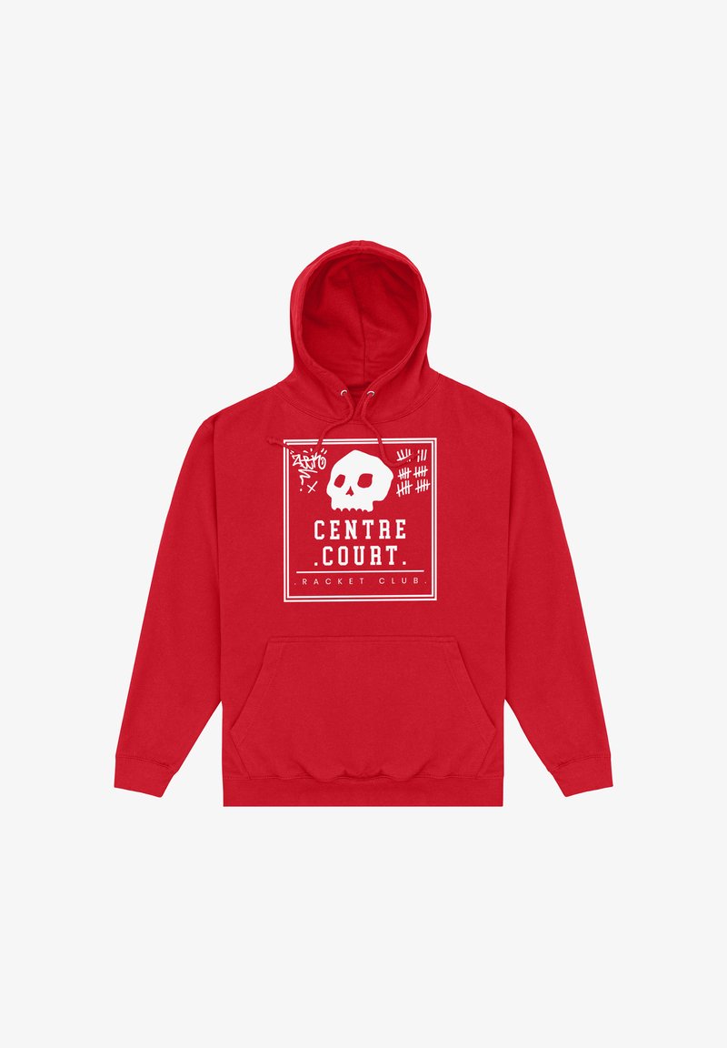 Roter Kapuzenpullover mit Fronttasche, weißem Totenkopfmotiv, Strichen als Zählzeichen und dem Text "Centre Court Racket Club" in einem quadratischen Rahmen auf der Brust.